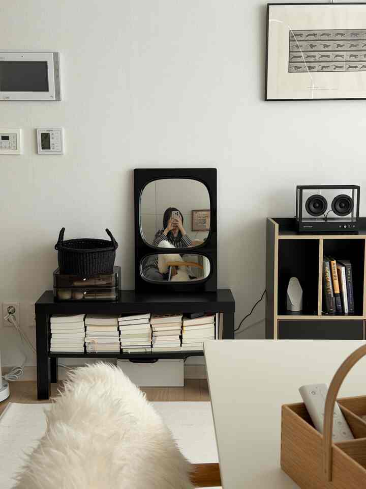 ブラックとホワイトの色調のリビング、モダンな印象の本棚、鏡、コーヒーテーブル、ラグが配置された空間