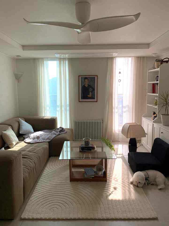 ナチュラルな色調のリビング、ブラウンのソファとベージュのラグ、ガラスのコーヒーテーブル、日差しが差し込むリネンカーテンとペットの犬がいる温かみのある空間