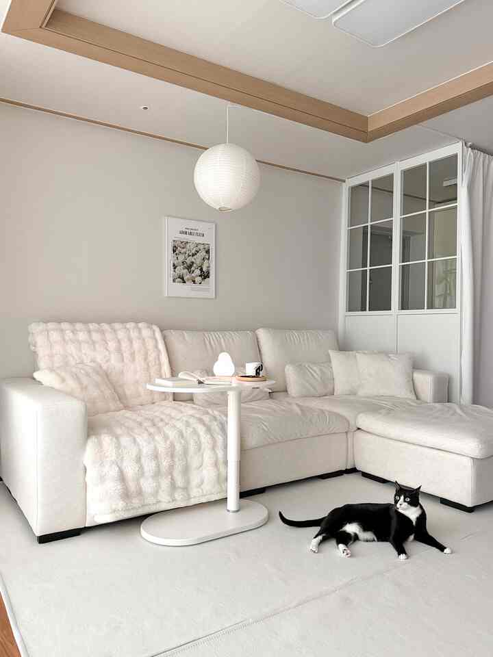 ナチュラルカラーのモダンなリビング、ベージュのソファとクッション、ペンダントライトが配置され、黒い猫が床でくつろぐ雰囲気のある空間