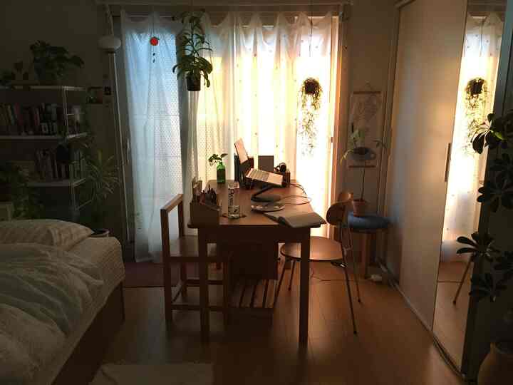 温かみのある木目調と植物が調和する8畳のワンルーム、中央に配置された木製のテーブルとデスクが夕日の光に包まれた居心地の良い空間