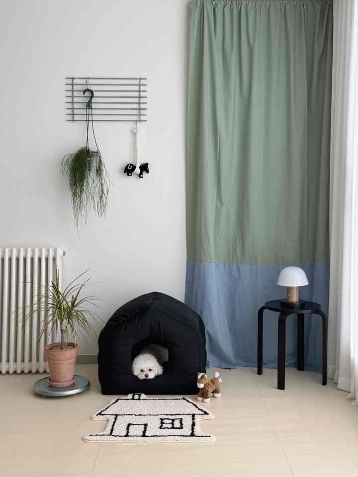 ホワイトとナチュラルトーンの空間、ペットハウスと植物が配置されたシンプルで居心地の良いリビング