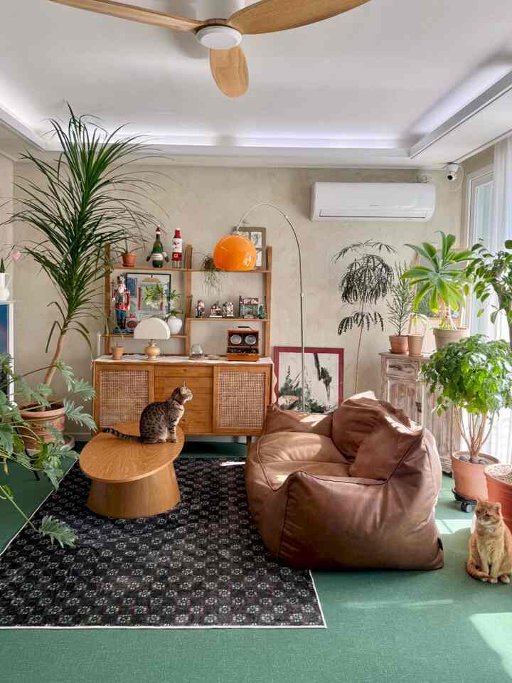 ナチュラルな木目調と緑の植物が配置されたリビング、ブラウンのビーズクッションソファと二匹の猫が春の雰囲気を醸し出す印象的な空間