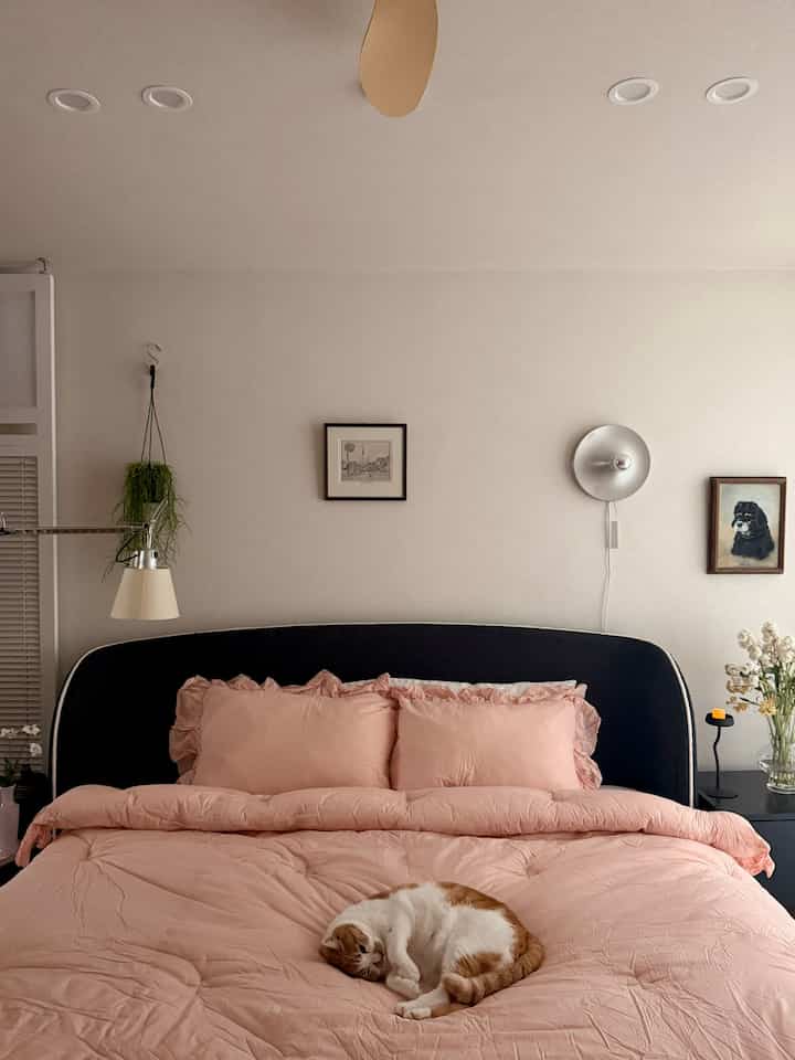 ピンクの寝具が印象的な落ち着いた寝室、中央のベッドに猫が眠るナチュラルモダンな雰囲気のインテリア