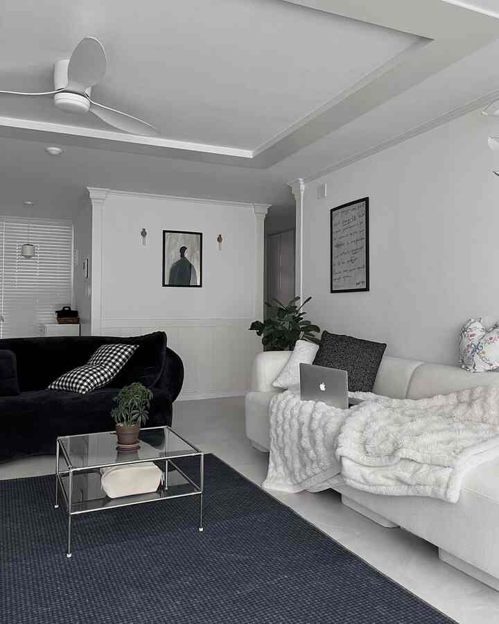 Monotone living room featuring white and black sofas with a transparent glass coffee table in a simple, stylish setting