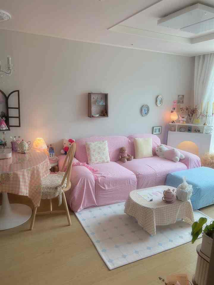 明るいピンクとパステル調のリビングルーム、花柄のテーブルクロスとストライプのソファカバーが春らしい温かみのある雰囲気を演出する空間