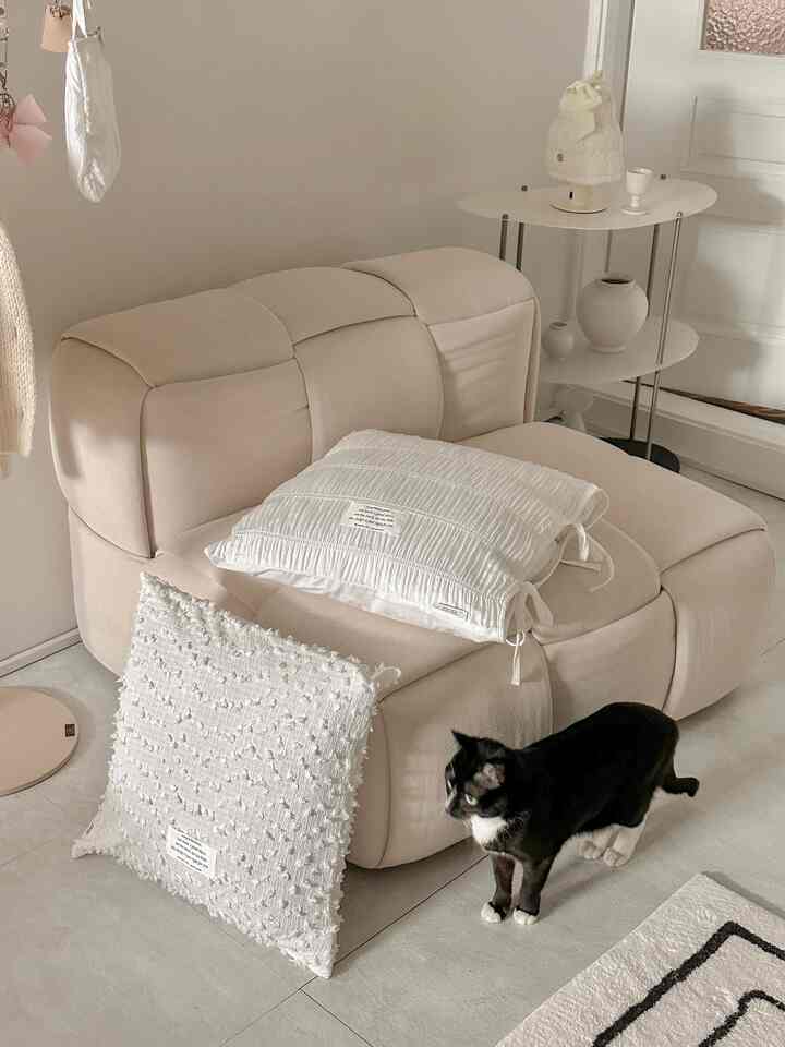 温かみのあるナチュラルトーンのリビング、ベージュのソファと白いクッションが配置され、黒い猫が床に立つ落ち着いた空間