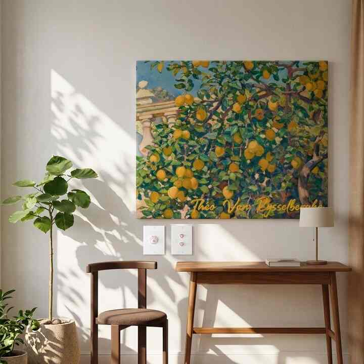 Sunlight-filled cozy room with warm wood tones and green plants, featuring a lemon tree painting and cute cat paw switch cover as key accents