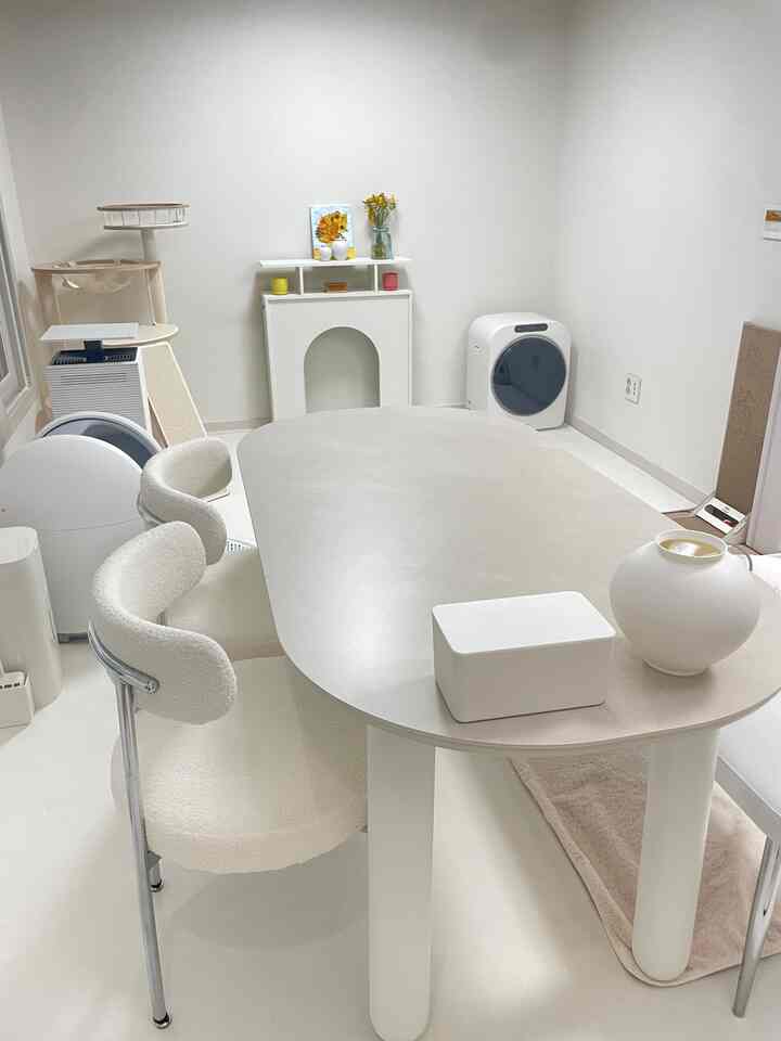 明るい白を基調としたリビング、クリーム色のキャットタワーとミニマルなダイニングテーブルとチェアが配置された清潔感のある空間