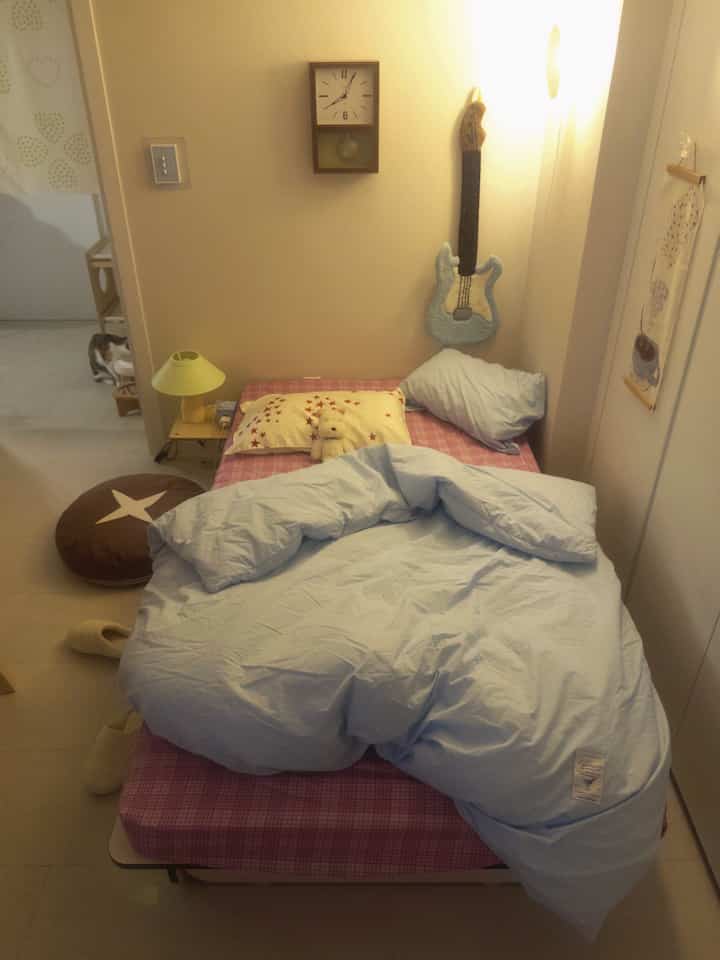 ベージュ色の壁とピンクチェックのベッドがある狭い一人部屋。ペットのクッションや猫が置かれ、温かみのある雰囲気のインテリア。