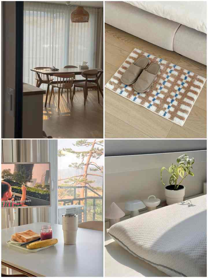 4月を迎えて変わった我が家！
もう花びらが一つ二つ姿を現す春が近づいてきました！ :)

1. 4月の new item🖤 
IKEA ニュフォンブスケ 壁鏡を購入してトイレの横の壁に掛けてくれたら鏡の中に意外な食卓ビューが織られました！

私の家に初めて登場したブラックアイテムです。
雰囲気も掴みながらすっきりと大満足のテムです。

2. 4月の new fabric🖤
子供部屋を飾ってくれるゲストルームにあったベッドをリビングルームに移してくれながらかわいい発売でポイントを与えてみました！

落ち着いたベッドフレーム、無印良品のすっきりとしたスリッパと
喧嘩のような組み合わせを示すフォーソの発売。
ボドルボドル足に触れる触感に気分が良くなるのはおまけ！

3. 4月のnew food🖤
最近完全に落ちたモーニングトースト！
実はパンをそんなに好きな人ではありません。

妊娠した後、私はパンをよく見つけました。
最近、バミューダで焼きたてのパンにジャムを塗る
楽しく朝に目覚めます！

4. 4月の new routine🖤
子供部屋を飾って運んだ引き出しの上に
朝早く日光がいっぱい入ってきます！   #4월의우리집 #신혼집 #신혼집꾸미기  #뉘폰부스케 #포소 #발매트 #발매트추천 #토스트 #온더테이블 #홈카페 #모닝루틴