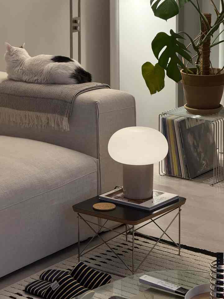 ベージュとグレーの色調のリビング、ソファに猫がいてモダンなテーブルランプが配置された温かみのあるナチュラルモダンなインテリア