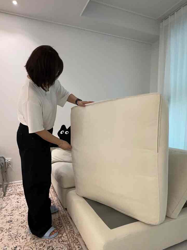 ベージュとホワイトのトーンのリビング、取り外し可能カバー付きのモジュラーソファと猫型クッションが配置された自然な雰囲気の空間