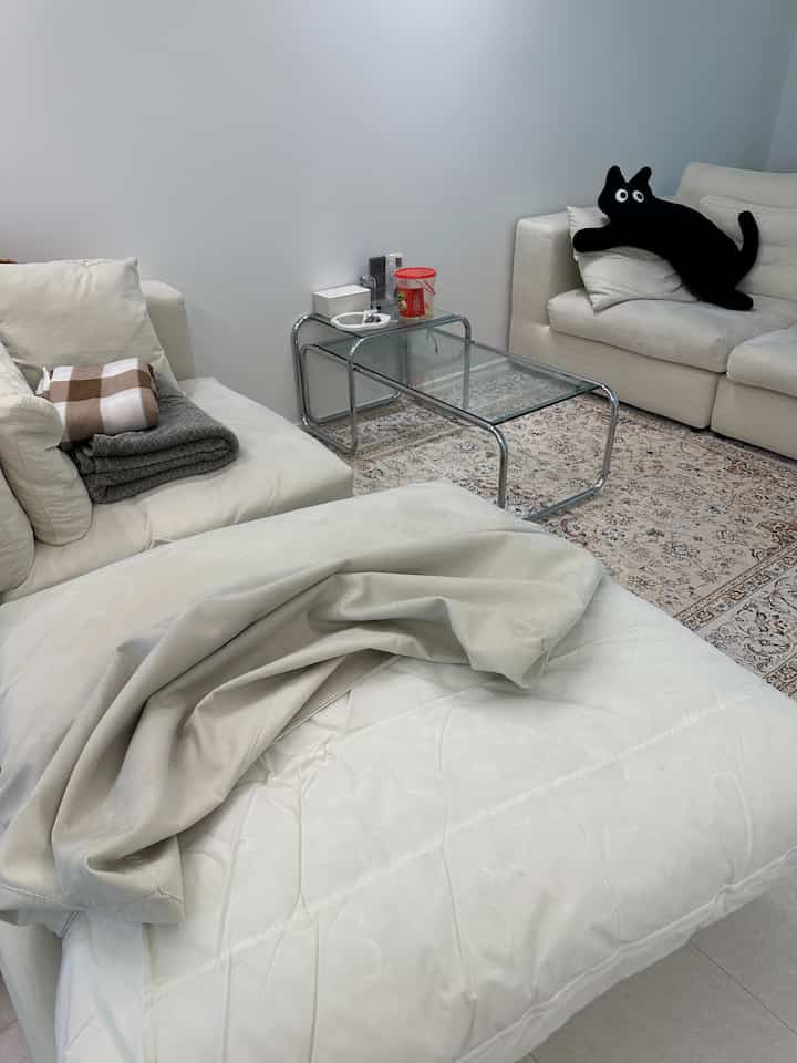 ホワイトとナチュラルな色調のリビング、ソファベッドと強化ガラステーブルが配置された落ち着いた雰囲気のインテリア