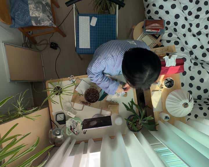 白と木目調が調和した寝室、ダイニングテーブルと植物が配置された自然な雰囲気のインテリア