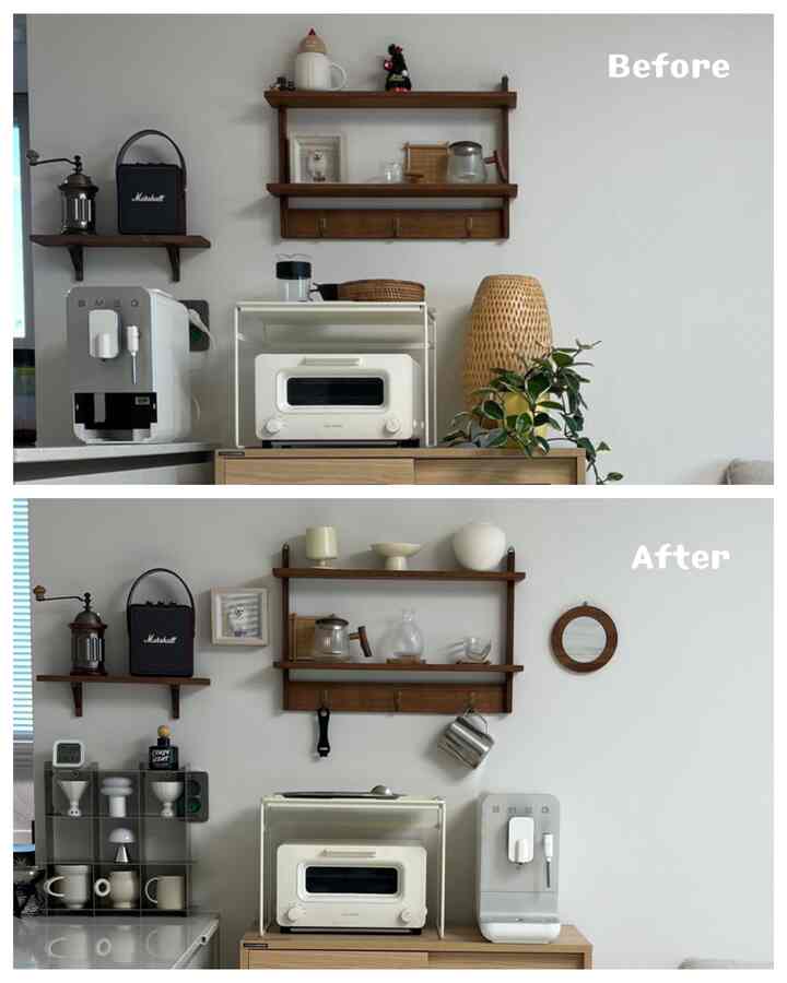 我が家ホームカフェゾンビポ＆アフター公開します☕️✨
少し間違った絵探しみたいだけど…。確かにアフターははるかに雰囲気を生きますか？

大きな家具を移していないのに、
配置だけを変えてもこんなに変わることができるんだと思った空間ですよ🫢

⸻

1️⃣壁棚＆小物再整備
以前は、少し散らかって置いた小物
トーン合わせて再整理してくれ、余白を生かしてはるかにきれいに整えました。
小さなオブジェ一つ一つがよりよく見えるから感性もはっきり生きていったんですよ✨


2️⃣寂しい壁にポイントを追加
壁棚の横が空いている
円形の鏡ひとつちょうど歩いてくれたのに…これは神の一人です🤎
空間がずっと広く見えながら「カフェ感」ちゃんと出ますよ！


3️⃣コーヒーゾーン銅線整理（これがコア！）
コーヒーマシン、トースター、カップの位置を取り戻す
「使用フロー」に合わせて配置しました。

特にカップ棚を追加して
👉すぐに取り出して書く構造に変えるから
銅線もはるかに短くなって本当に楽になりました！

カップどんなものを入れるかによって雰囲気も変わり続ける楽しみまで☕️🤍

⸻

こんなに少し配置だけを変えたのに
我が家最愛ビューポイント完成… 💛

ホームカフェを飾る方、
家具の移動なしで十分に雰囲気が変わるから
バッチから一度変えてみるのは本当にオススメです:)


🏷 
＃料理調理バッチ魔法師＃ホームカフェ＃ホームカフェインテリア＃キッチンインテリア＃キッチン飾り＃家具＃ftc23＃ビポアフター＃インテリアビポアフター＃スペース活用＃家具配置＃私の家のビューポイント