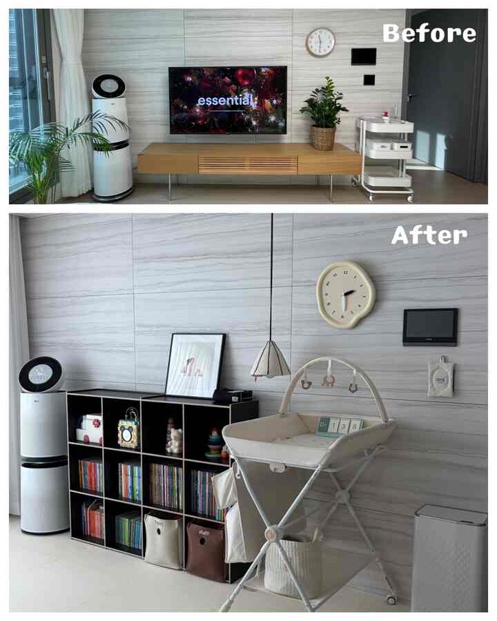 ＃趣味は家具配置＃料理調理バッチ魔法師 

💫料理調理バッチのウィザード✨
私の家のリビングルームの変天使を公開します

赤ちゃんがいなかった新婚時代から今まで、
私の家のリビングルームは本当にポールとポールの変化を経験した空間です:)

最初は原木感性が好きです。
低い原木のテレビを置いて、
テレビを見ながら横になっている時間が多かった典型的な新婚のリビングルームでした。

しかし、子育てが始まると
リビングルームの役割が完全に変わりました。

今は大胆にテレビを取り除きます。
ブラック＆ホワイトトーンで整理しながら
子供中心の銅線に芽を変えた状態です。

特に今回の配置で一番気になった部分は
👉子供の世話+生活動線の効率

本棚ひとつで雰囲気も活かし、
収納＋遊びスペースまで同時に解決しました。

当初は空の本棚でしたが、
✔️ジュダールテーブルとボードも置いて
✔️クリスマスの感じで飾ってみたり、
✔️トイストーリー感で可愛く演出もしてみて😊

今は
第二おむつ処理銅線まで考慮して
👉片側に収納+整理
👉片側には最初の遊び場
このように確実に区分してくれました。

おかげで
汚れて見えずに
実生活でははるかに楽になったリビングルーム完成✨

確かに家具の配置を一つ変更しただけなのに
空間活用度が完全に変わりました。

新婚感性もいいけど、
今は「私たちの家族のライフスタイルに合う空間」
はるかに満足度が高いと思います:)

＃リビングルームインテリア