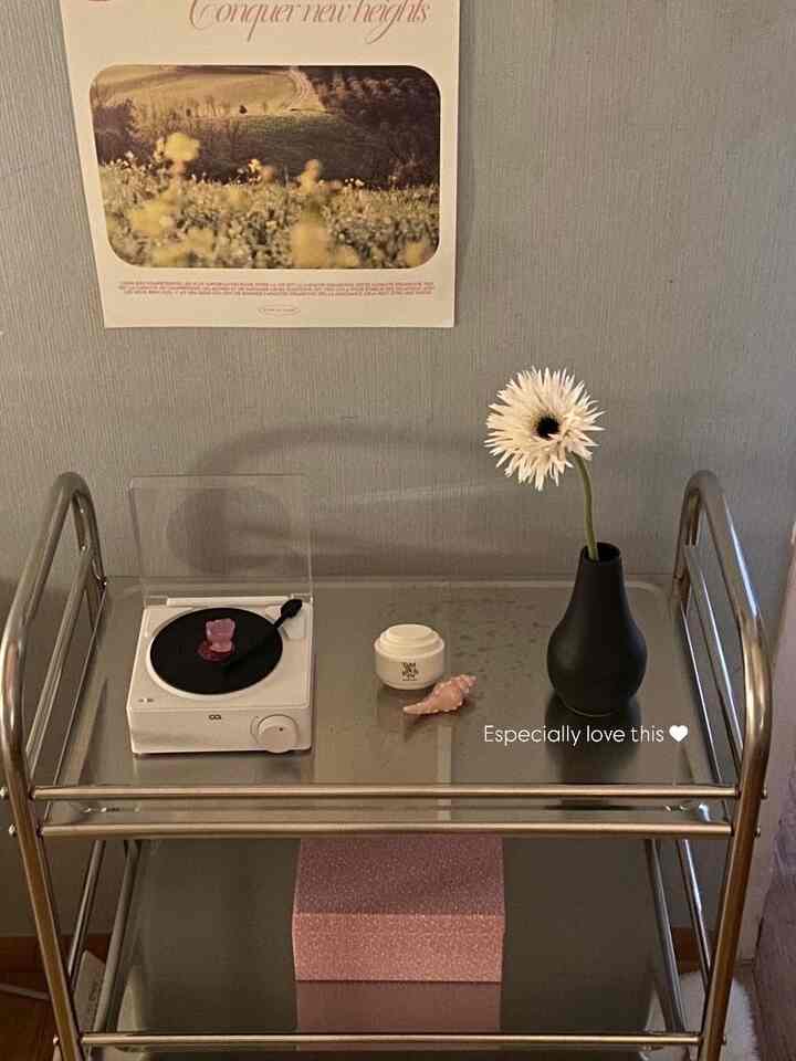 シルバーのミッドセンチュリーモダン風鉄製キッチンワゴンに花瓶とターンテーブルが置かれたシンプルな雰囲気の空間