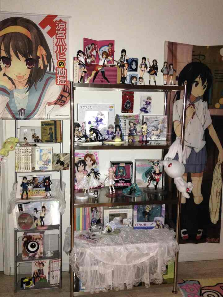 白い壁と茶色の床の狭いオタク部屋、アニメフィギュアとポスターが飾られた棚が印象的な空間