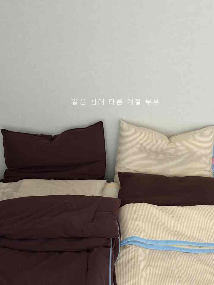 私たちのカップルは同じ部屋で寝ています。
体感温度はいつも違う季節です(?)

旦那はまだ明け方になると少し寒く、
私はすでに「暑い…」しながら布団足で冷やす人… 
だから最終的に寝具も別に書いていますㅎㅎㅎ

私は軽いマチラリボンケーキの羽毛布団、
夫はふわふわのハロースリップ四季掛け布団！ 

マティラの羽毛布団は両面布団として活用できます。 
片面は柔らかい材質、反対側はシアサーカー材で、 
パッドはバンディング一体型なのでマットレスにしっかりと差し込めば押さえて本当に楽でしたよ💛 

ハロースリップカステラ布団
柔らかくてふわふわ感があってふわふわですが、苦しくないですよ🤎

それでも、2つの寝具を青いボーダーポイントに合わせました。  #인테리어노하우 1 #침실인테리어소품 #침실인테리어 #침실스타일링 #침실꾸미기 #침실가구 #침실협탁 #침구세트 #침구인테리어} #마틸라침구} #신혼집침실 #신혼집인테리어 #신혼침실 #신혼침실인테리어 