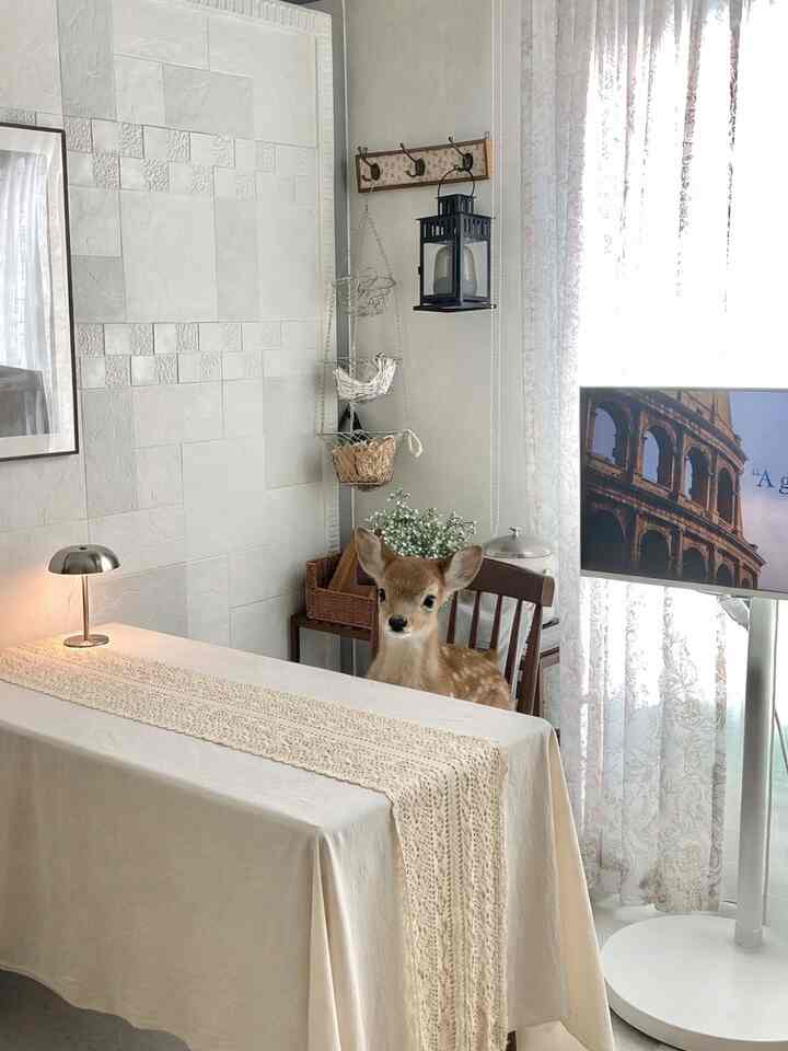 
家に遊びに来た赤ちゃん鹿のゲスト..🥰
どうしたらいいですか？

aiのおかげでしばらくおとぎ話のような想像をしてみました✨

しかし、家に突然鹿が座っていると、とても恥ずかしいと思います。  #작은공간 #코티지 #로맨틱 #오늘의우리집 #콘수프기록집 