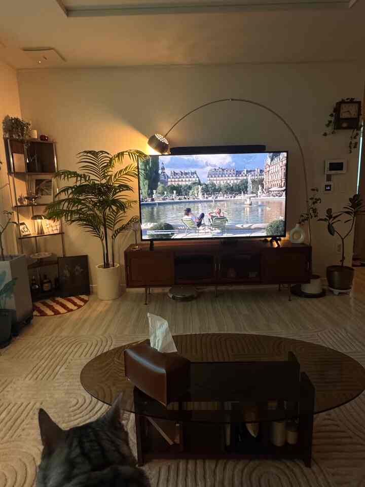 やわらかな白と茶色のトーンのリビング、広いテレビ台とアーチ型のフロアランプ、植物が配置された温かみのある空間