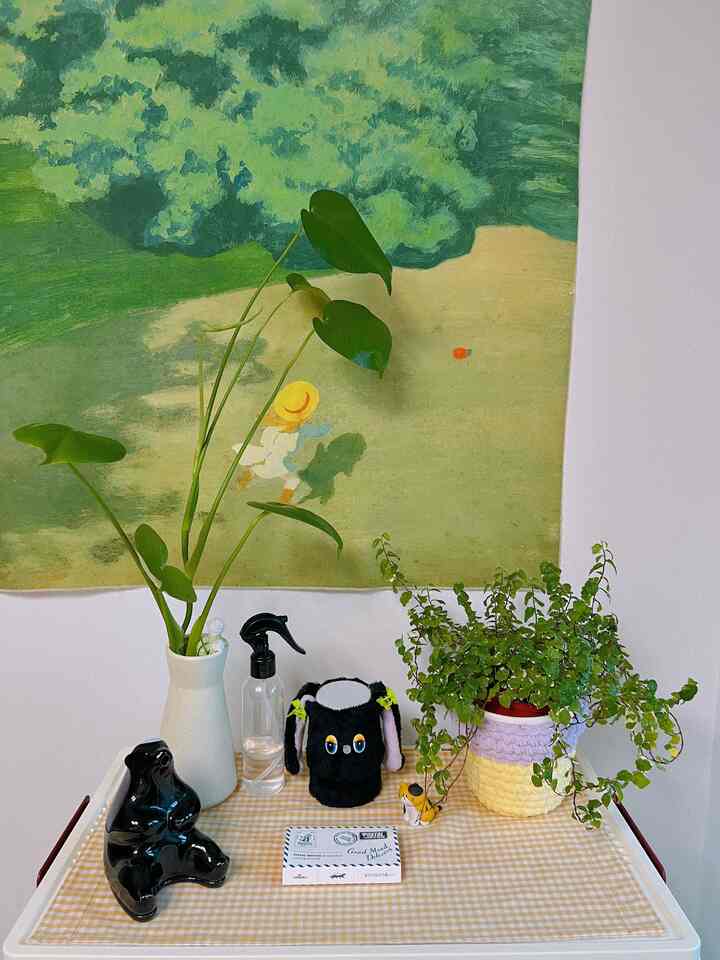 よく成長してきれいな緑色です🌿

水だけよく着替えれば、よもぎ成長する緑
しかし、最近持ってきたバットランは..
葉が落ちています🥲
まだ初心者の執事には難しい植物育成🫧

＃コンスープ記録集 
＃初心者執事＃植物＃植物インテリア＃植民地時代＃植物日記＃グリーンインテリア＃グリーン＃日常＃モンステラ＃プミラ 