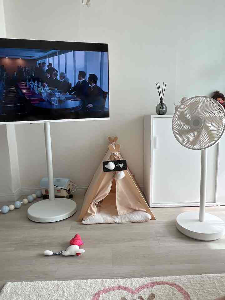 白とベージュの色調のリビングルーム、テレビと扇風機、ペット用ティピーテントとおもちゃが配置された落ち着いた空間