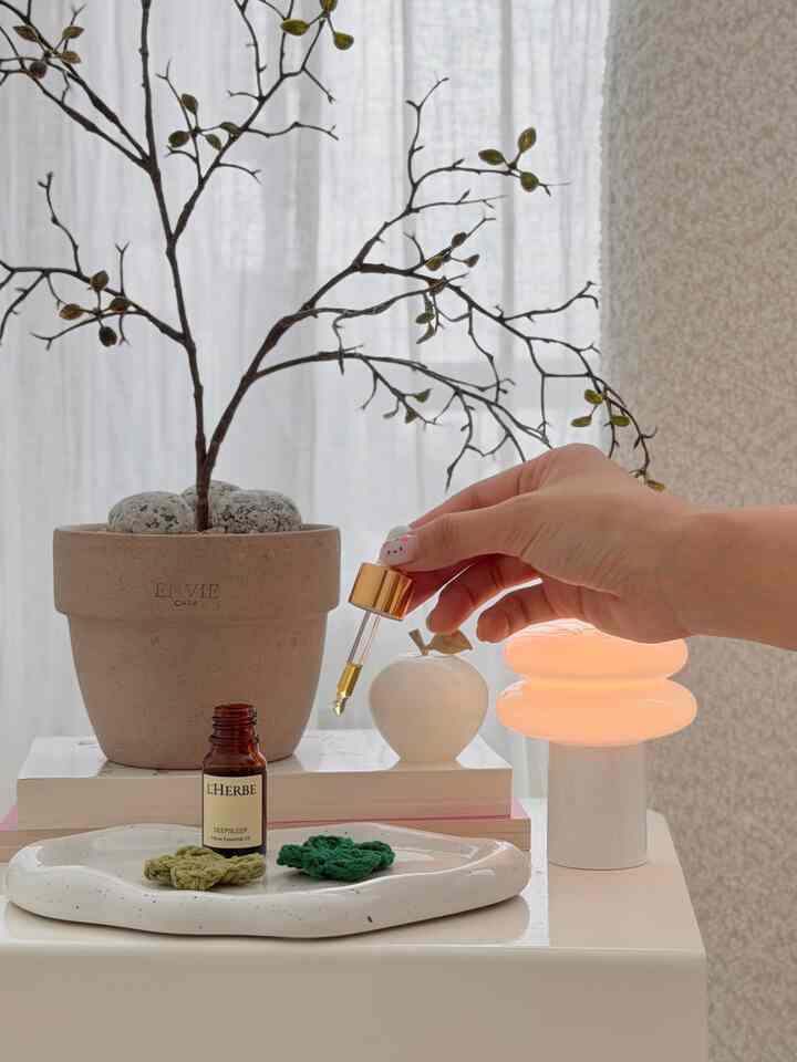 寝る前に何かがよく眠ってくるルーチンを作りたくて探してよりが使うようになったルエブベディープスリップアロマオイルです。
ヨーガークローバーの形の編み物が一緒に入っていますが、とてもかわいいです！ 
ここにオイルをちょっと落とし、ベッドの横に置くと香りがソルソルナながら心が快適になります  #르에르베 #나잇루틴 #침실인테리어 #침실 #소통 #맞팔 #선팔 #오늘의가든 