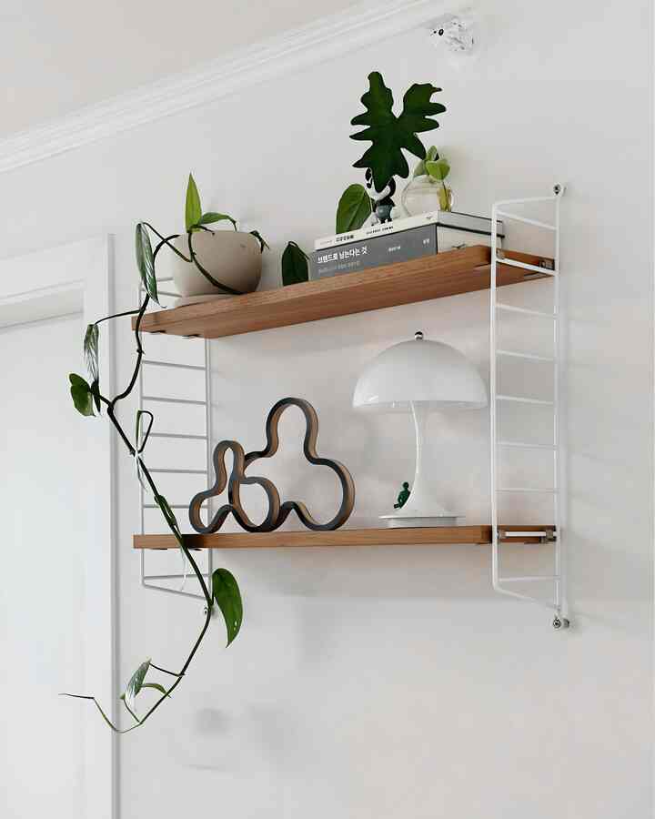 白い壁と木目調の棚が配置された玄関空間、植物とオブジェ、白いテーブルランプがシンプルでナチュラルな雰囲気を醸し出している