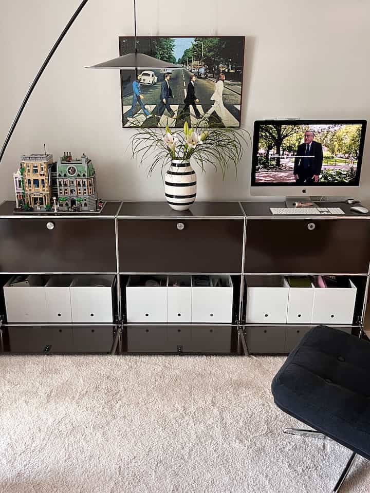 黒いUSM収納キャビネット、花瓶、ウォールアートが配置されたモダンなリビングルーム