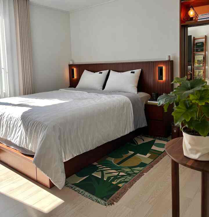 白と木目調が調和する寝室、ホテルライクな木製ベッドフレームと収納付きナイトテーブルが配置されたナチュラルモダンなインテリア