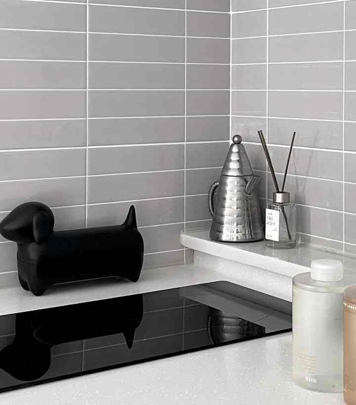 ライトグレーのトーンのバスルーム、黒い犬型オーガナイザーとシルバーのポットが置かれた清潔なカウンター