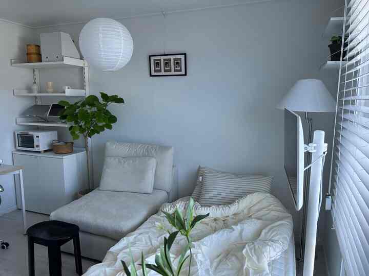 明るいホワイトトーンの一人暮らし用コンパクトな部屋、モダンでナチュラルなソファとベッド、植物やフロアランプが調和した空間