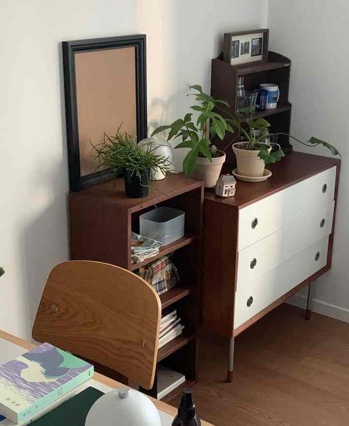 ナチュラルな木目調と白が調和するリビングの一角、植物とチェストが配置された落ち着いた空間