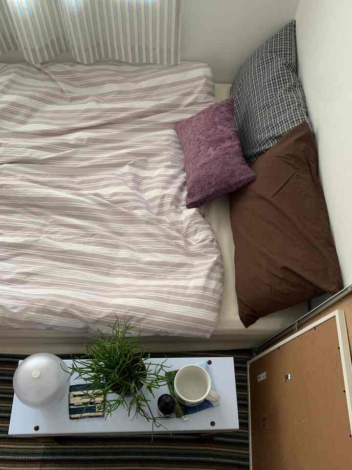 淡いストライプの寝具が置かれた居心地の良い寝室、小さな植物とサイドテーブルが調和したナチュラルな雰囲気のインテリア