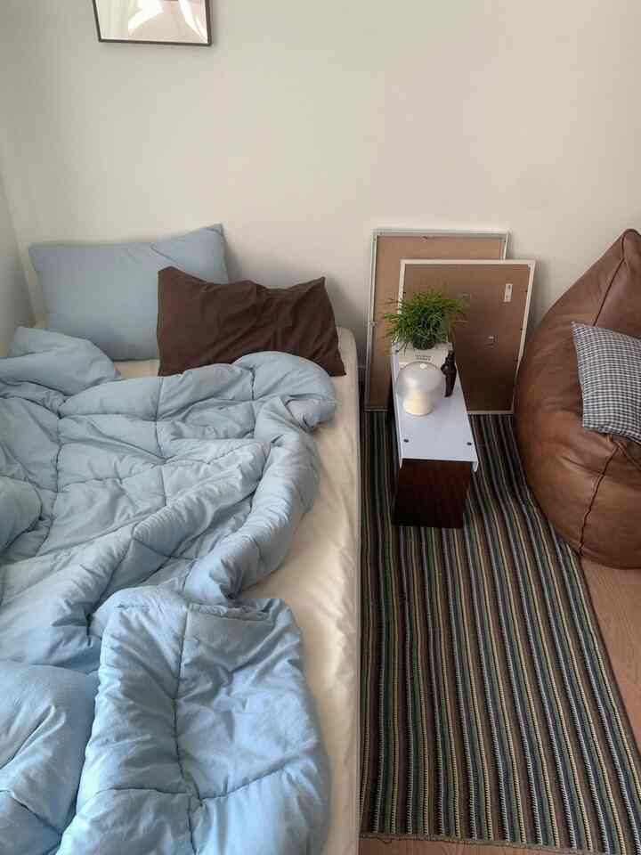 淡いブルーとブラウンのトーンでまとめられた寝室、快適な寝具とビーズクッション、サイドテーブルの小さな植物が配置された雰囲気のあるインテリア