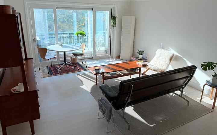 白を基調とした北欧風リビング、ブラウンの家具と自然光が調和し、植物とコーヒーテーブルが温かみのある雰囲気を演出