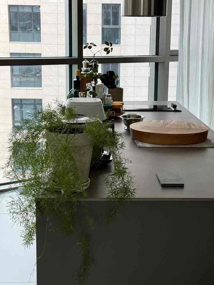 ナチュラルな色調のキッチン、白いカーテンと大きな窓、カウンターの緑の植物が配置された清潔感のある雰囲気のあるインテリア