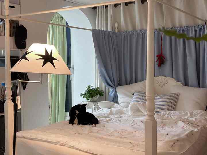 ホワイトとナチュラルカラーの寝室、キャノピーベッドと猫が配置された落ち着いた雰囲気のあるインテリア