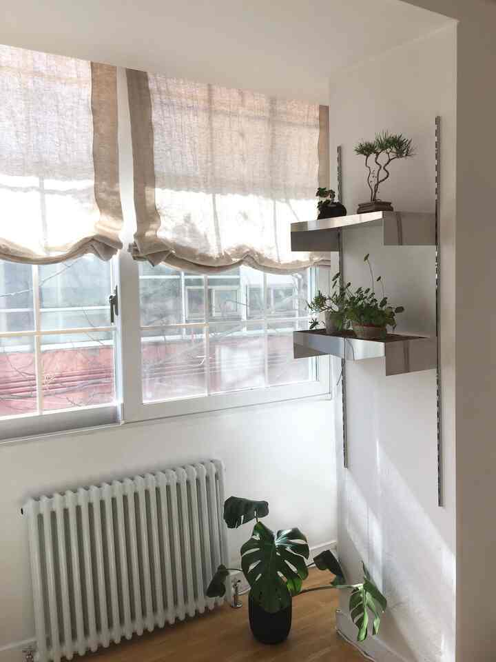 ベージュのリネンカーテンとステンレス棚がある窓辺の空間、多様な植物が配置された自然で落ち着いたインテリア