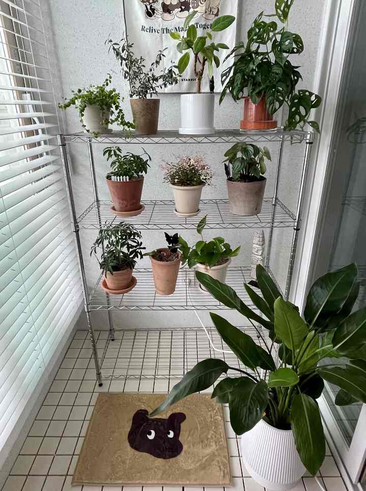 白とベージュのトーンが広がる小さなベランダ、クロームメタルの3段棚に多様な鉢植えが配置されたナチュラルなインテリア