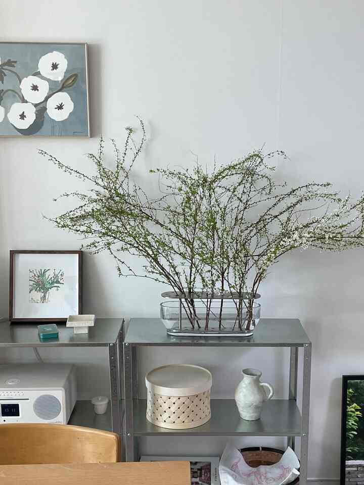 ホワイトの壁と金属製の棚、花瓶に入った枝が配置されたナチュラルスタイルのリビングルーム
