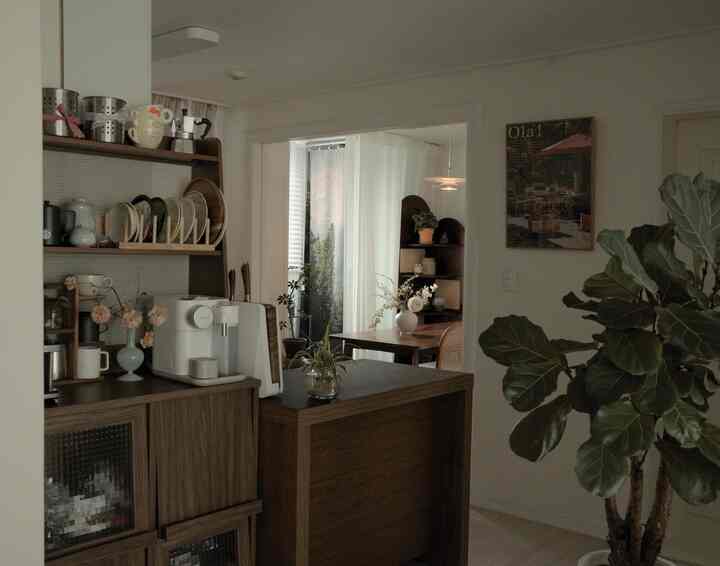 白い壁と木製家具が調和するキッチンとダイニングルーム、植物とポスターが雰囲気を作るナチュラルモダンなインテリア