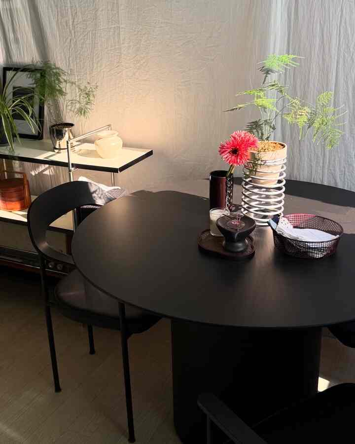 ナチュラルな色調のダイニングに黒いダイニングテーブルと椅子、植物とカーテンが配置された雰囲気のあるインテリア