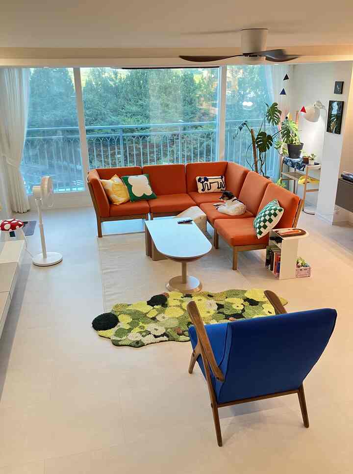 明るいオレンジのソファと青いアームチェアがあるリビング、自然な植物と明るいラグが調和した雰囲気のあるインテリア