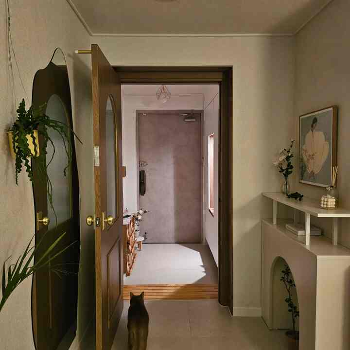 グレー調の玄関、木製ドアと鏡、植物、そして猫がある雰囲気のあるインテリア