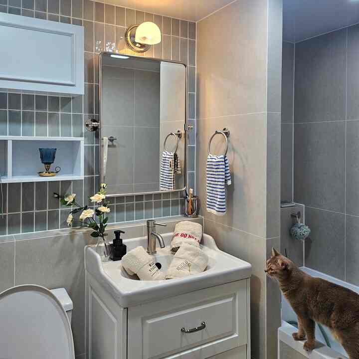 グレーと白の色調のバスルーム、洗面台と鏡、ブルーストライプのタオル、浴槽のそばに猫がいる雰囲気のある空間