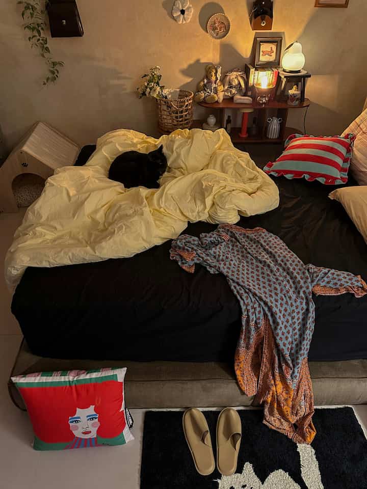 暖かいベージュとモカ色調の寝室、中央に置かれたベッドの上でくつろぐ黒い猫と木製棚が調和した雰囲気のある空間