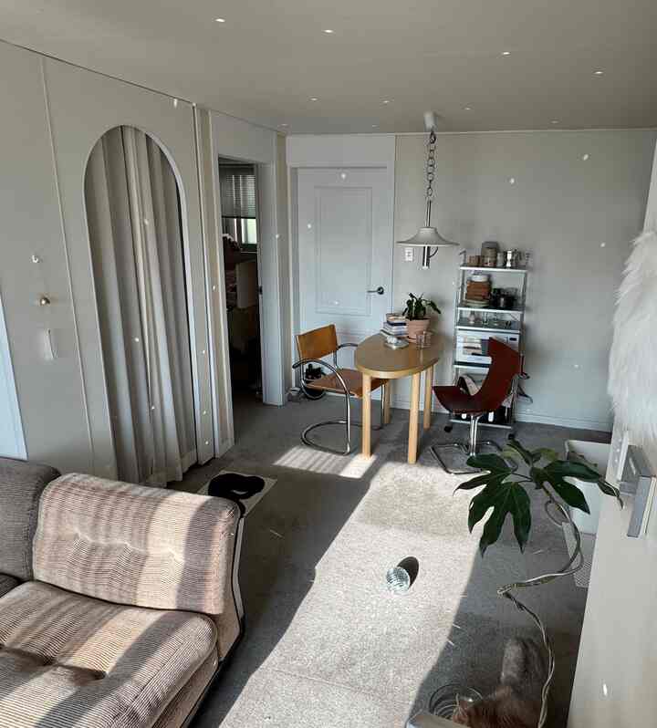 ナチュラルカラーと木目調が調和するリビング、カーテンと間仕切りドアが配置された雰囲気のあるインテリア