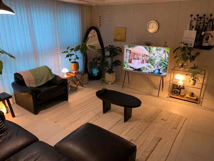 白色の背景に黒い家具、緑の植物が配置されたモダンなリビング空間